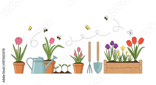 Set of gardening tools like watering can and spade next to potted tulips and irises in a wooden planter box with bees and butterflies.