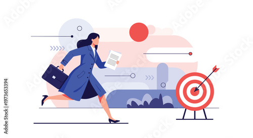 Determined businesswoman with a briefcase and documents running towards a bullseye target to achieve her professional goals in career.