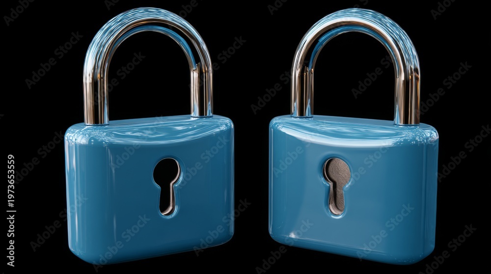 Fototapeta premium Blue padlock set, locked/unlocked 3D locks with keyhole, data security and privacy symbols 