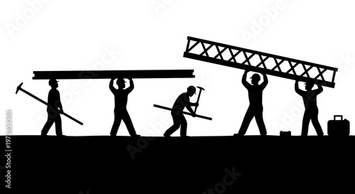 group of construction workers lifting heavy beams and trusses showing manual labor and teamwork on a building site for industrial progress.