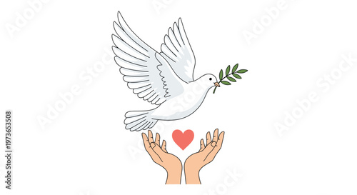 White dove of peace carrying an olive branch in its beak flying above two hands cupping a red heart symbol of love and global unity.