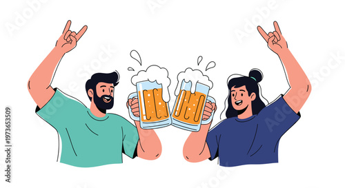 Man and woman cheering and toasting with large mugs of frothy beer at a celebration or party event with joyful gestures and smiles.