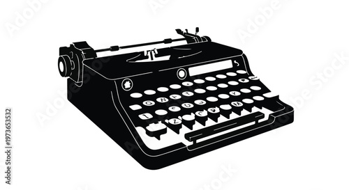 Typewriter silhouette sits on a plain background representing classic manual writing and historical communication methods.