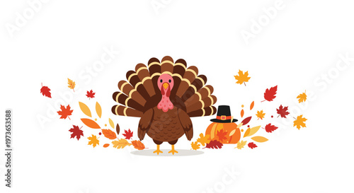 Festive Thanksgiving illustration of a turkey standing in front of falling autumn leaves and a pilgrim hat on a pumpkin on white ground.