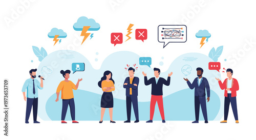 Group of diverse people engaging in a heated argument with storm clouds and lightning icons above their heads illustrates conflict and stress.