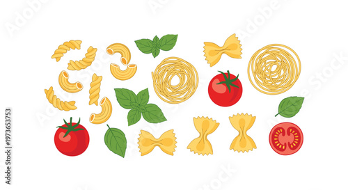 Assorted types of pasta including fusilli, macaroni, spaghetti, and farfalle with fresh tomatoes and basil leaves for authentic Italian cooking.