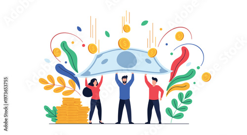 Team of people holding up a giant banknote with falling gold coins illustrates financial success, wealth management, and collaborative prosperity.