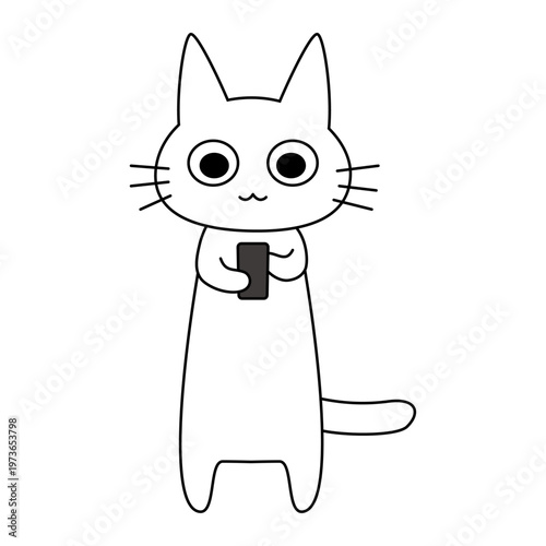 スマートフォンを持つ白猫キャラクターのシンプルなイラスト