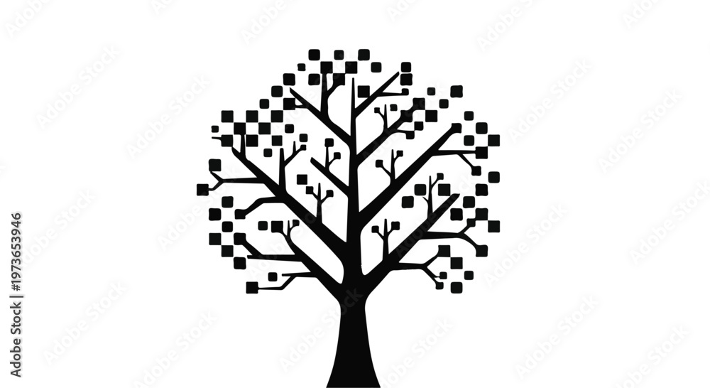 Obraz premium Tree silhouette features geometric pixelated leaves to represent the intersection of nature and digital technology.