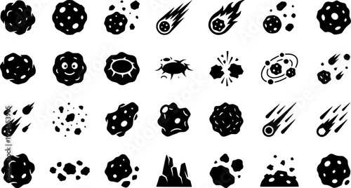 Set of cartoon asteroids and meteorites with smiling faces on dark background
