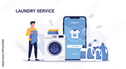 Modern laundry service concept features a person holding clothes next to a washing machine, various detergents, and a mobile app interface.