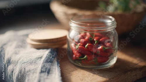 Glass jar with a wooden lid on a wooden cutting board. the jar is filled with small red peppers, which appear to be fresh and ripe.
