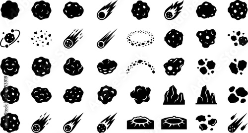 Set of cartoon asteroids and meteorites with smiling faces on dark background
