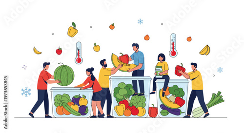 Team of people organizing various fresh fruits and vegetables into large storage containers to illustrate food preservation and logistics.