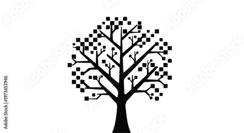 Tree silhouette features geometric pixelated leaves to represent the intersection of nature and digital technology.