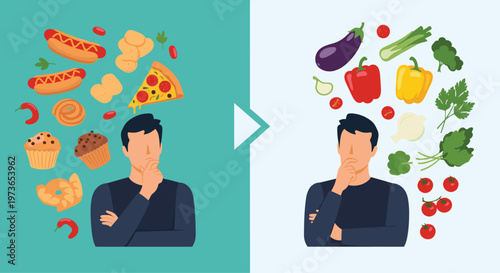 Split screen comparison shows a man choosing between unhealthy fast food and healthy fresh vegetables for a diet transformation.