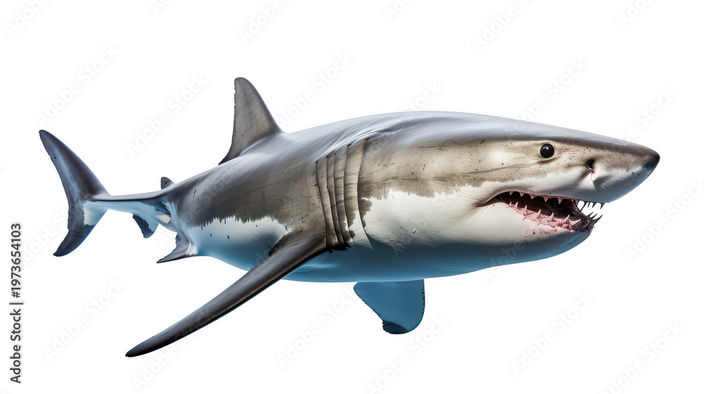 Obraz premium Great White Shark showing Teeth isolated on white background