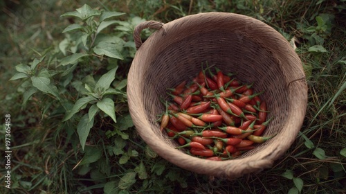 Woven basket filled with red chili peppers. the basket is made of light-colored wood and has a handle on the top for easy carrying. the peppers are bright red in color and appear to be freshly picked.