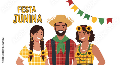 Three people in traditional festive costumes celebrate Festa Junina with colorful flags and sunflowers in a cheerful group portrait.