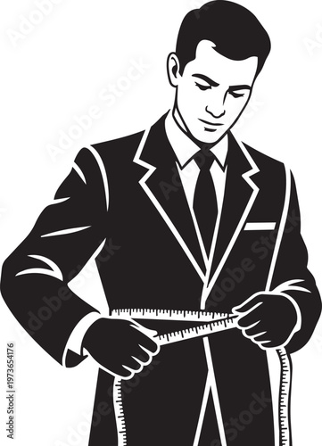 Man in a suit measuring himself with a tape measure around his waist