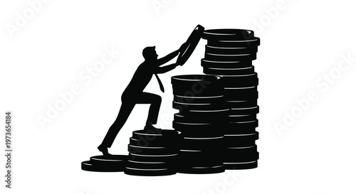 Businessman climbs a tall stack of gold coins to reach the top in this symbolic illustration of financial growth and success.