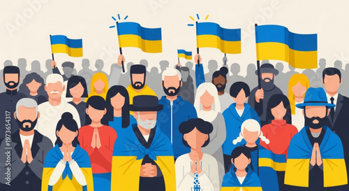 Ukrainian Solidarity: A united front of diverse individuals proudly waving the Ukrainian flag in a symbolic display of solidarity and patriotism.