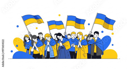 Ukrainian solidarity: A graphic illustration shows a gathering of individuals, many of whom are wrapped in the Ukrainian flag, demonstrating unity and solidarity through gestures of support.