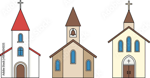 Set of Christian church buildings vector illustration featuring different architectural styles with crosses, towers and windows isolated on white background