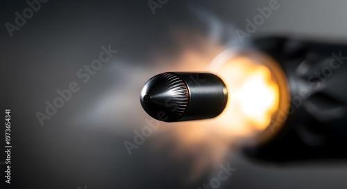A handgun firing a bullet with visible muzzle flash and smoke
