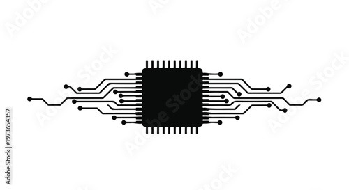 Microchip silhouette features intricate electrical pathways extending outwards like roots from a central processing unit.