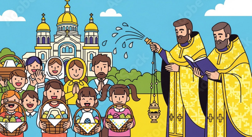 Holy Blessing Ceremony: A vibrant illustration depicts a moment of spiritual blessing, where clergy pour water, interacting with the community in front of a grand place of worship.
