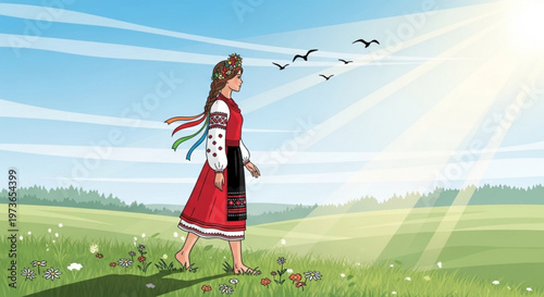Wanderer in Bloom: A woman in a traditional dress strolls gracefully through a vibrant meadow under a radiant sky, her gaze drawn towards soaring birds and the promise of a bright horizon.