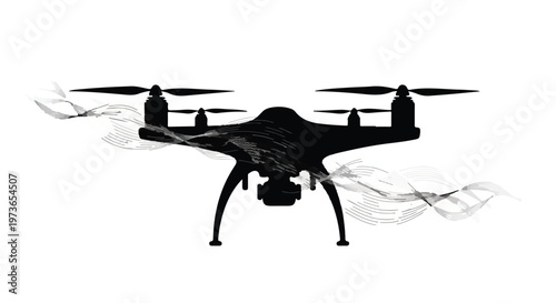 Drone silhouette flies through the air leaving behind wisps of ethereal smoke trails against a white background.
