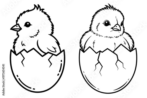 Two adorable chicks hatching from cracked eggs, black and white outline illustration for Easter celebrations and farm animal themes