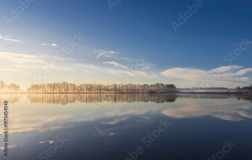 Tree line on pond shore with blue sky and white cloud. Czech landscape background