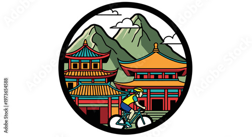 Cyclist riding a bicycle through a picturesque Asian landscape with traditional pagodas and mountains, serene outdoors.