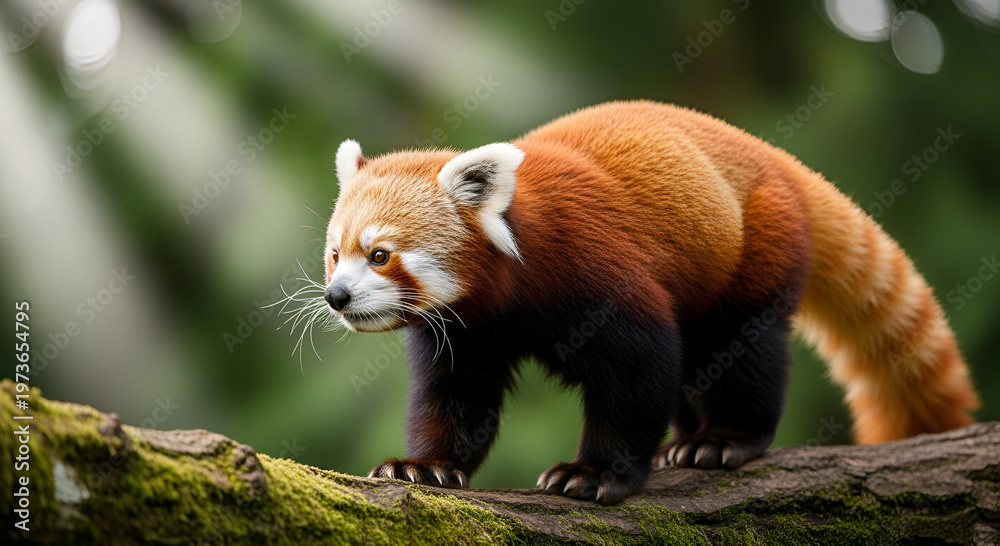 Fototapeta premium Cute red panda resting on grass in natural habitat showcasing wildlife and animal beauty