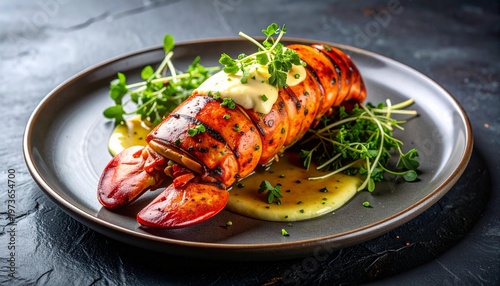 Grilled lobster tail on plate with herbs.