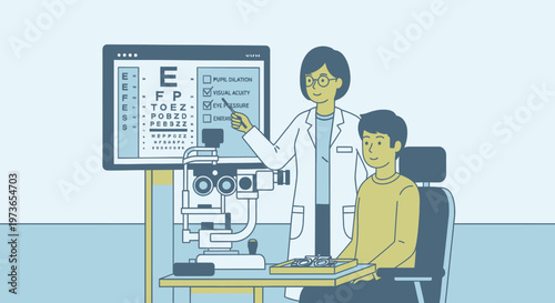 Ophthalmologist Conducting Eye Exam for Male Patient in Bright Studio