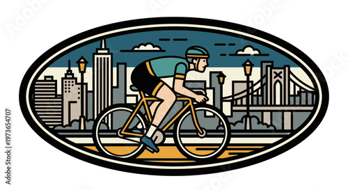 Man Riding Bicycle in City with Skyscrapers and Bridge in Oval Frame