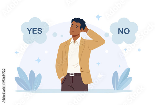 Thinking man makes difficult solution and reflects on problem, standing near words yes and no. Businessman confused by hard choice. Logical critical thinking. Vector flat design