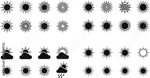 Sunburst and sunlight icons vector set featuring various radial sun shapes and rays in solid and outline styles isolated on white background