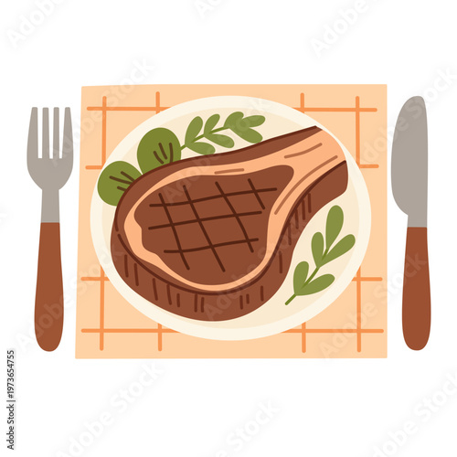 Steak plate with fork knife in flat style for restaurant meal illustration