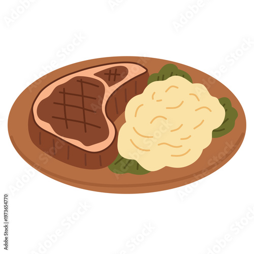 Grilled steak with mashed potato in flat style for dinner meal illustration