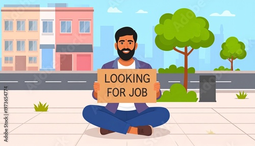 Indian man seeking employment on city street with a 'Looking for Job' sign, symbolizing unemployment and the search for opportunities