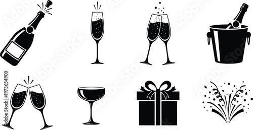 Elegant celebration icons set champagne wine glasses gifts fireworks vector illustration for festive designs