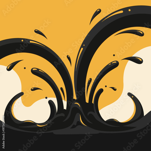 dynamic black oil splash and crude oil gushing abstract illustration on a yellow background ideal for industrial energy design.