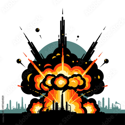 industrial explosion at an oil refinery with massive fire and smoke illustrating a catastrophic environmental disaster and industrial hazard
