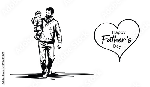 Black and white of a bearded man in casual clothes walking with a child on his shoulders