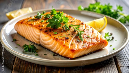 Grilled salmon fillet with herbs and lemon.
